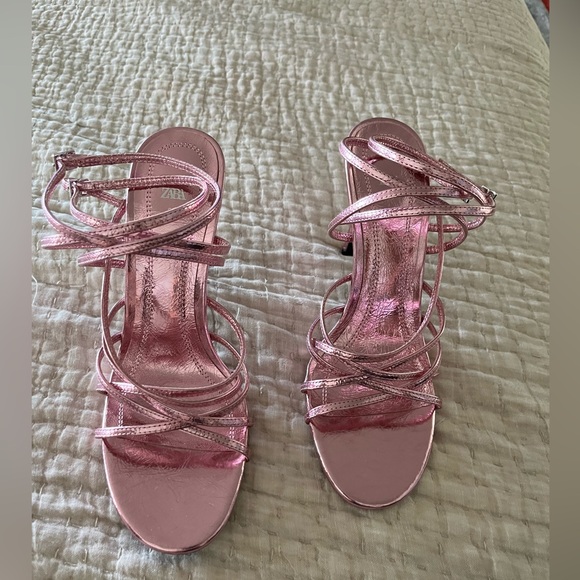 Zara sandals pink metallic strappy new no tags size 8.5 - Picture 2 of 5